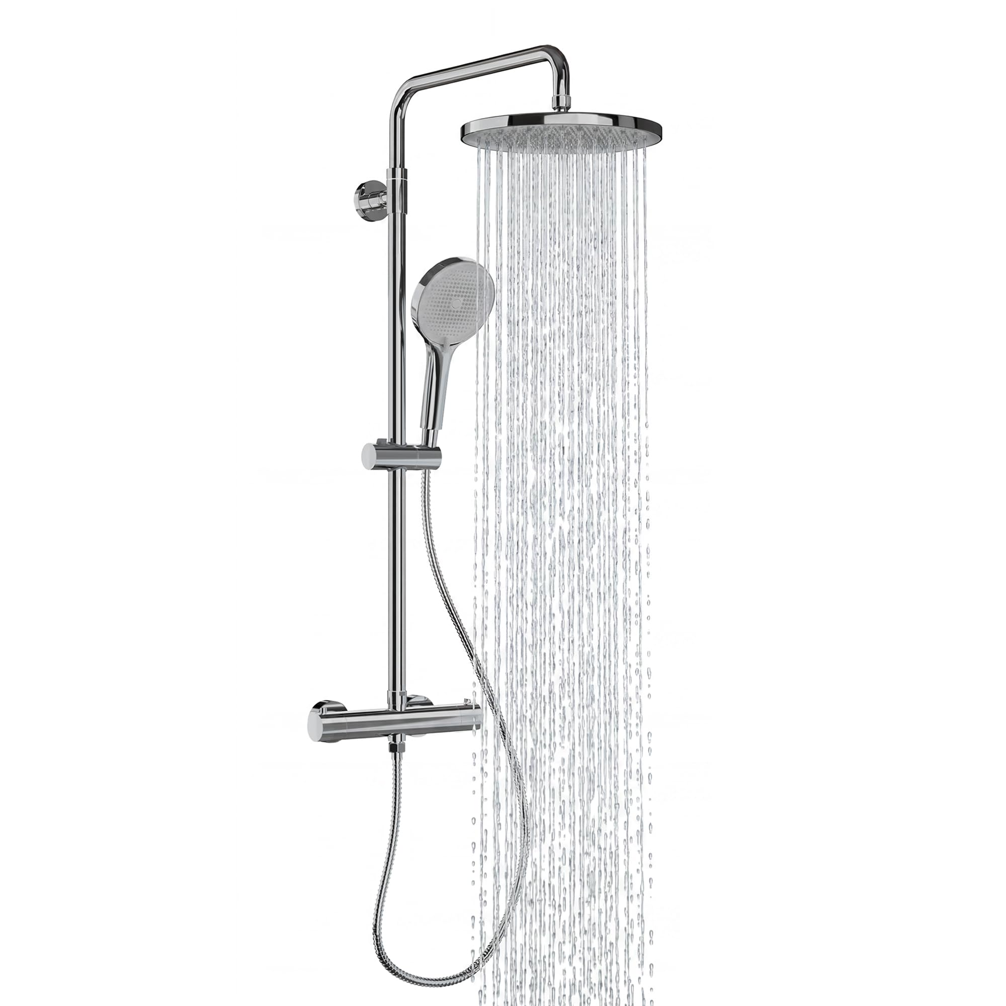 Duschsystem mit Thermostat Chrom, Duscharmatur Komplettset mit 3 Strahlarten Handbrause & 26cm Rund Kopfbrause, Höhenverstellbarer Duschstange, 150cm Schlauch, Regendusche mit Armatur
