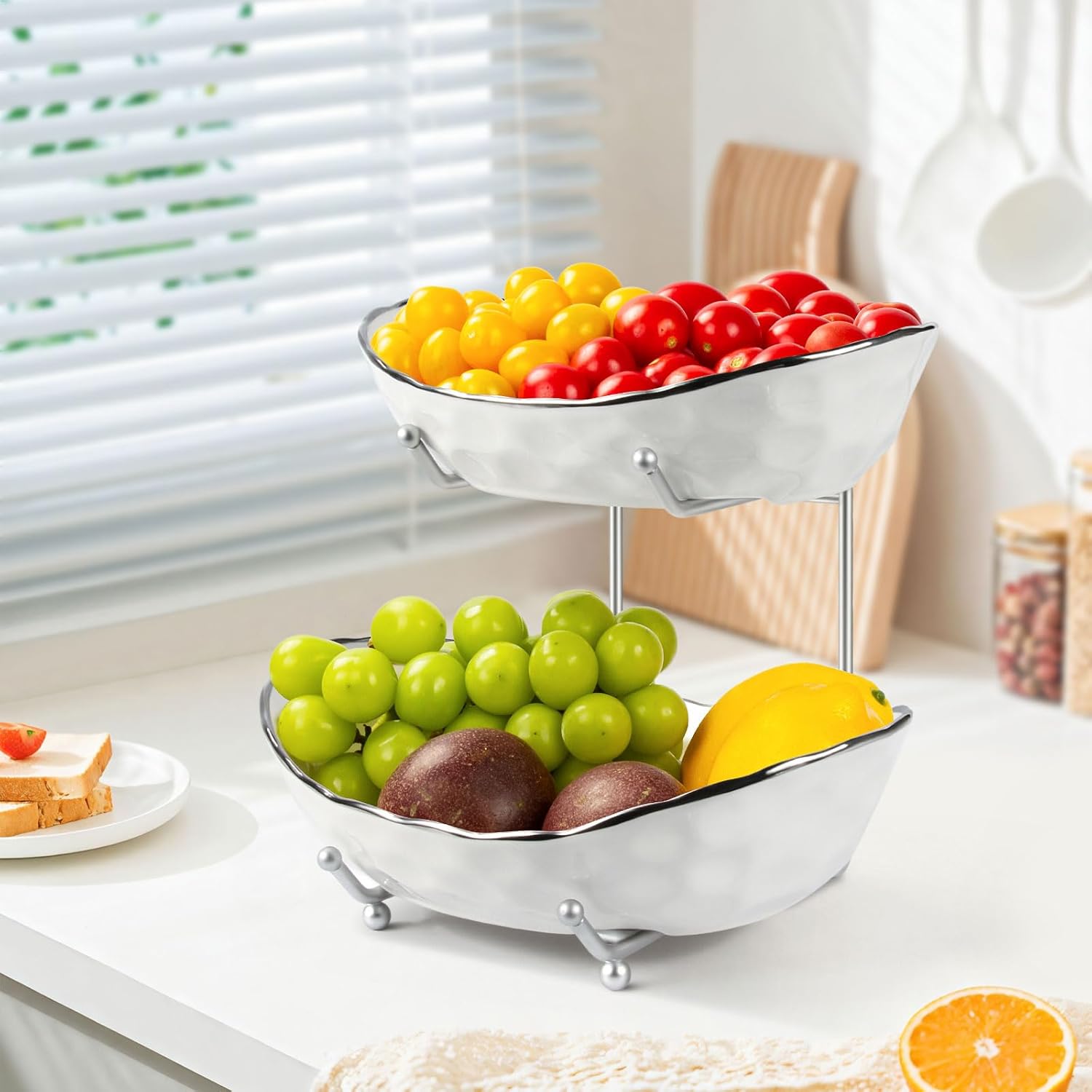 2 tier ceramic fruit basket, fruit bowl for kitchen counter, tiered fruit basket for countertop, modern multi large capacity serving holder for party dessert, snack(silver&white) silver 10.6"l x 7.5"w x 9"h