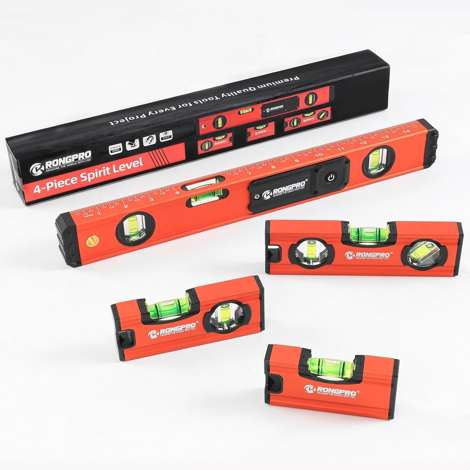 4-Piece Torpedo Level Set, 16in Light level with Top Scale, Aluminium Alloy Magnetic Spirit Level Included 16", 7", 5", 4" Leveler with 180°/90°/45° Bubbles, Clear, Green