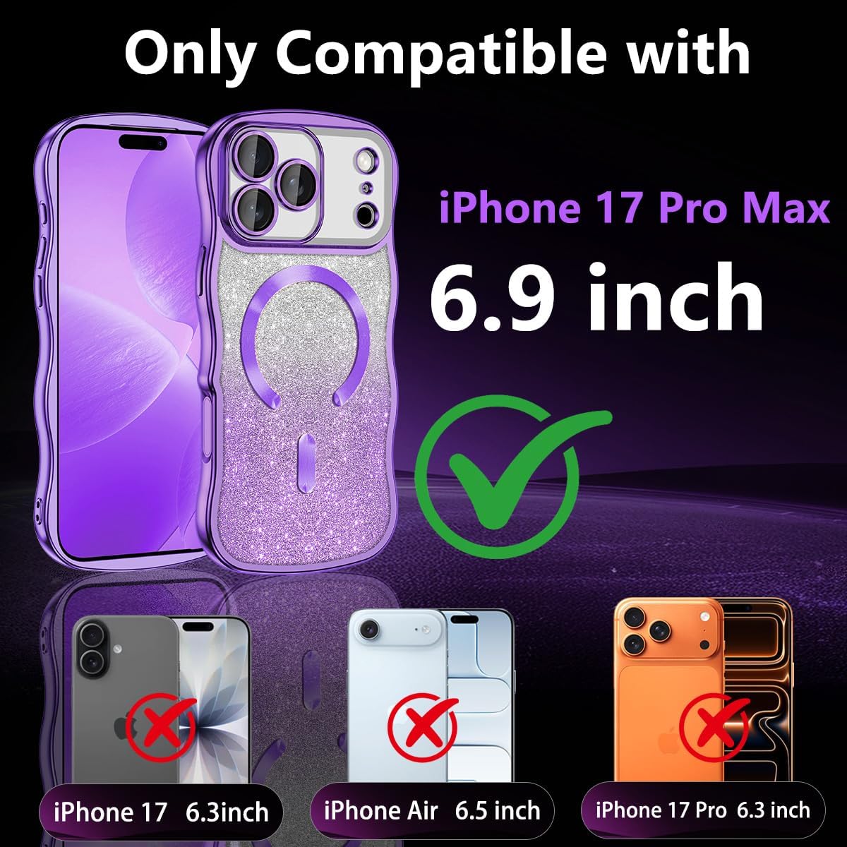 Meshine for iPhone 17 Pro Max Case,[Compatible with MagSafe][Built-in Camera Lens],Magnetic Curly Wavy Frame Shockproof Cute for Women Girls Cover for Apple iPhone 17 Pro Max 6.9 Inch,Glitter Purple - Image 2