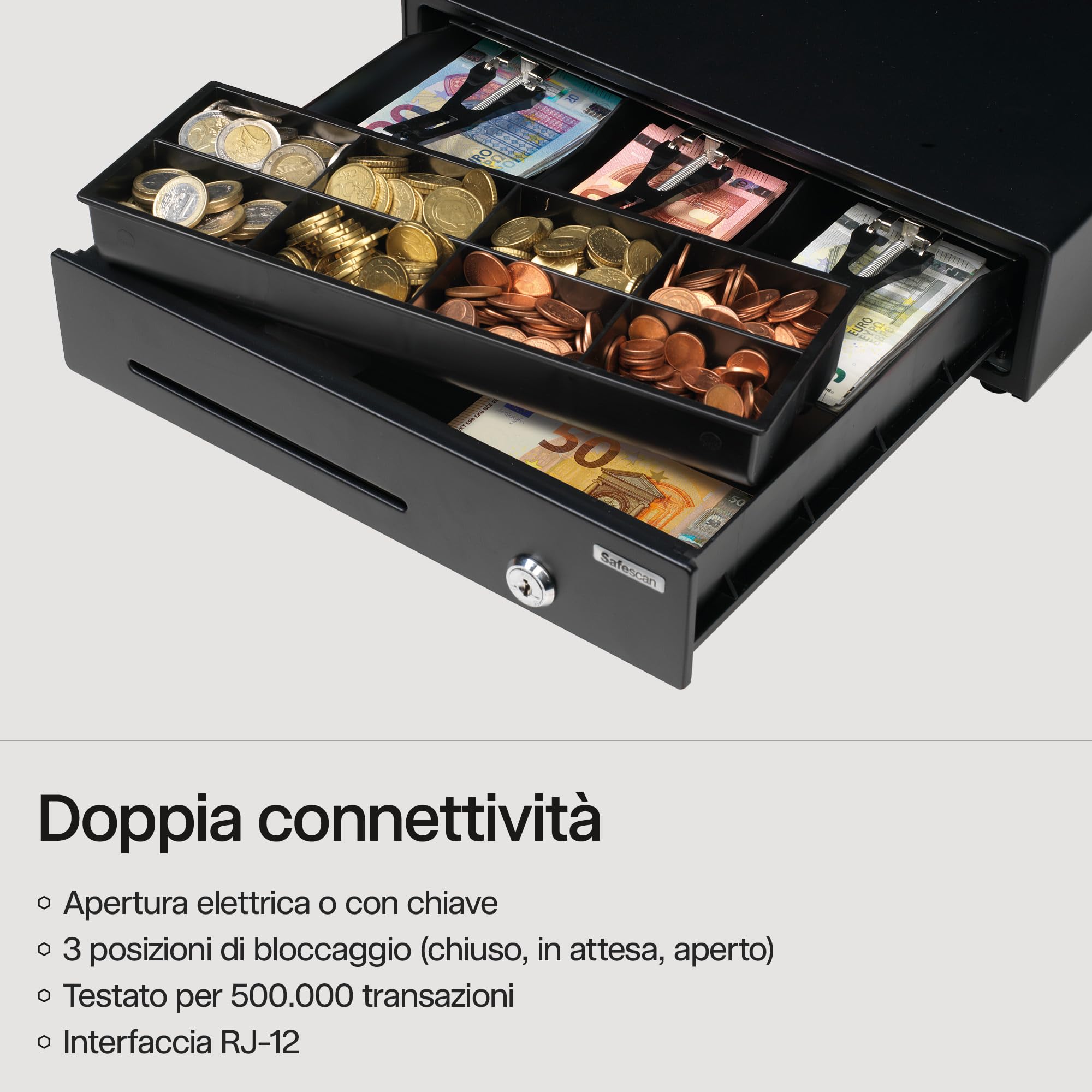 Safescan LD-4141 cassetto per soldi conserva i contanti - Cassa cassetto con 4 scomparti per banconote e 8 per monete - Connessione RJ-12 - Cassetto registratore di cassa 41 x 41,5 x 11,5 cm