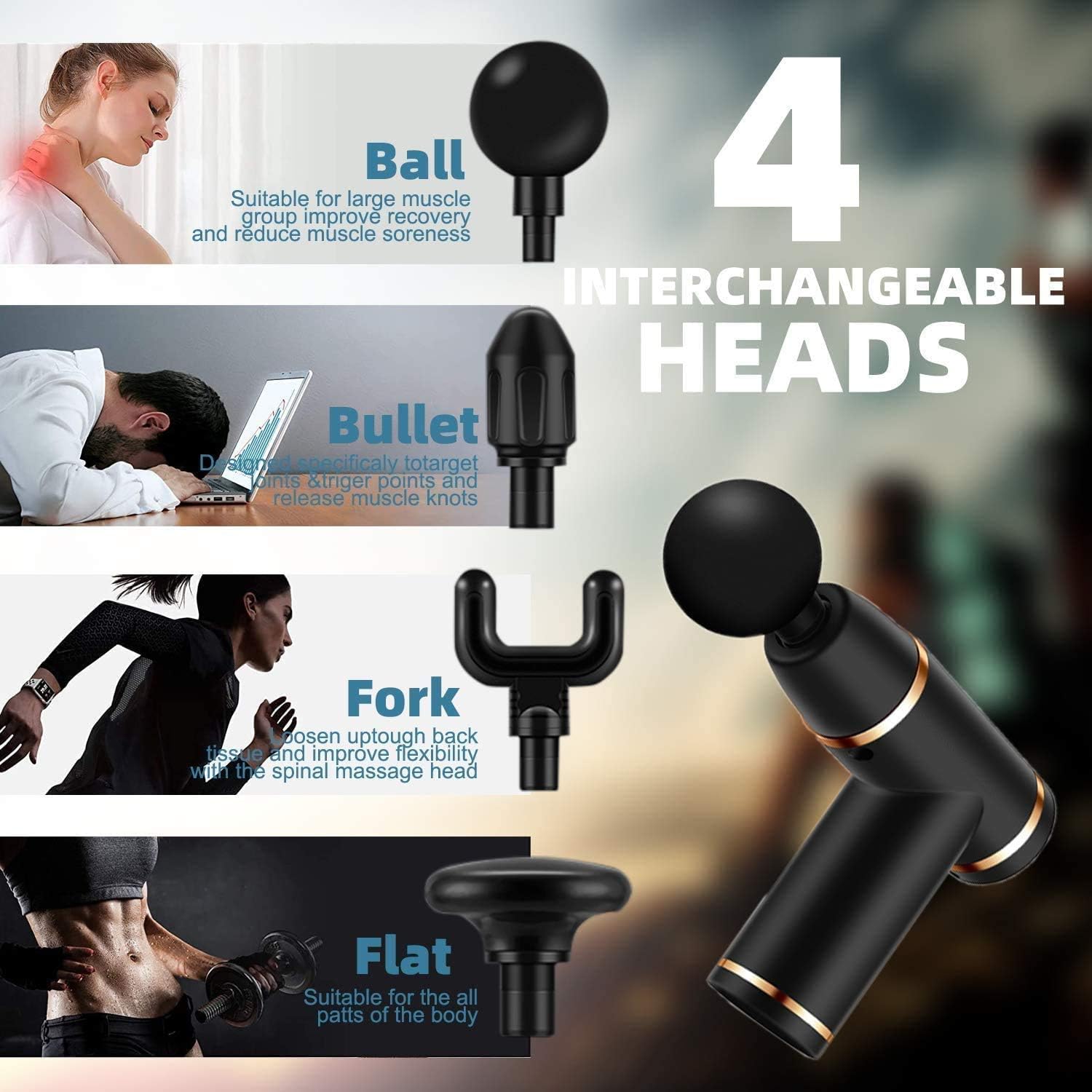 Four interchangeable massage heads: Ball, Bullet, Fork, and Flat, with descriptions of their uses