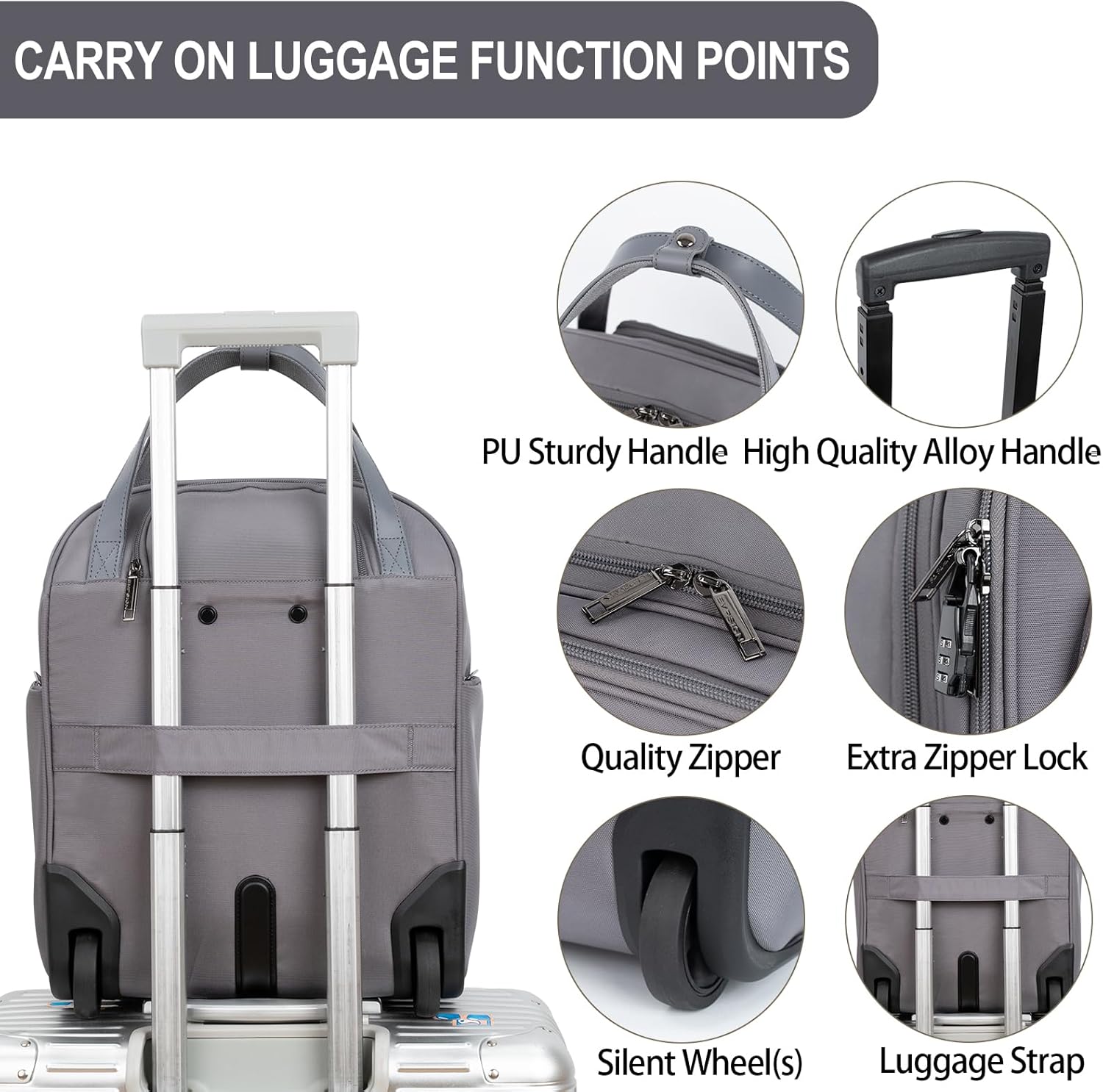 EMPSIGN Underseat Carry On Wheeled - 16" Carry on Bag with Wheels Multi-functional Lightweight Rolling Bag Overnight Weekender Small Suitcase for Women Men Travel Business, Dark Grey - Image 4