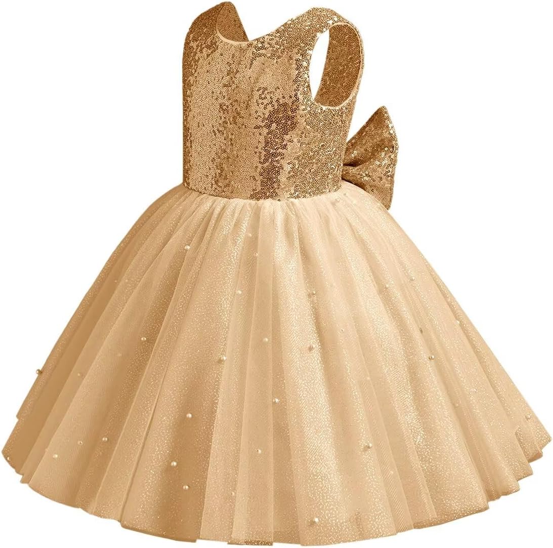 Sparkle Sequin Tulle Flower Girl Dress for Wedding Kids Princess Pageant Dress Pearls Bow Prom Ball Gowns Tutu Dress