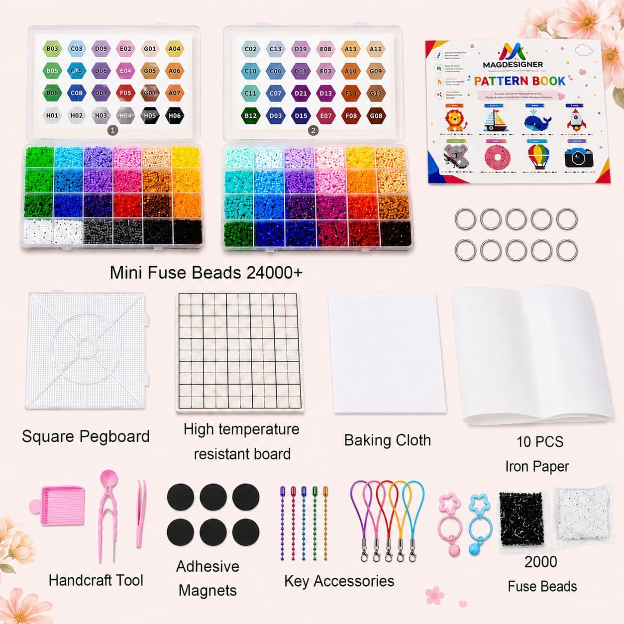 Fuse Beads Kit Christmas Birthday Gifts for Girls,26000PCS 48Colors 2.6mm Melty Beads with Pegboardx,Ironing Paper,Tweezers & Keychain Accessories Iron Beads