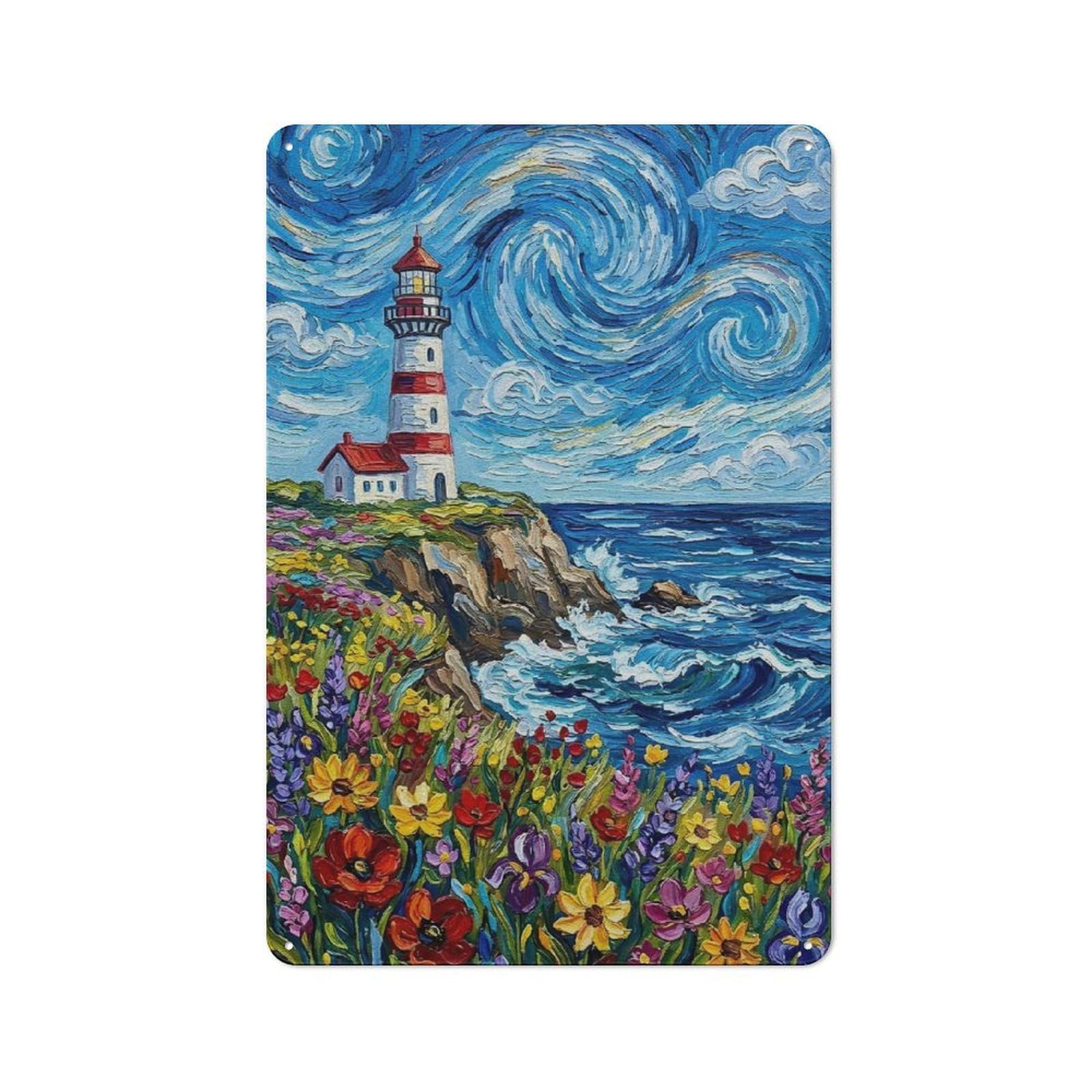 Junmoney Style-4 Lighthouse On A Cliff With Wildflowers Cafe Metal Sign 30X20cm, Bistro Style Bistro Wall Plaque For Coffee Bar, Small Shop Or Dining Room