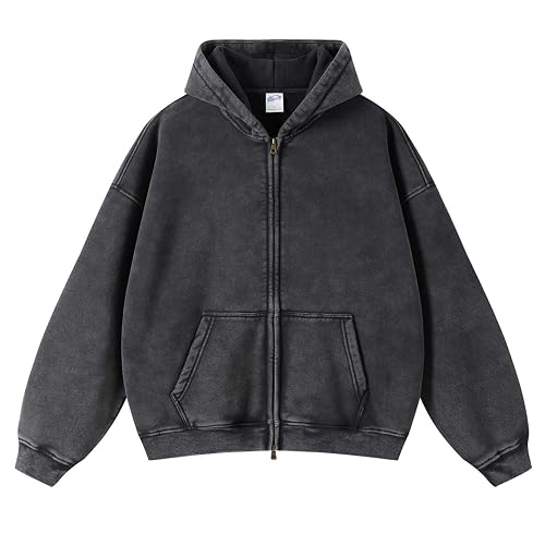 KEEPSHOWING Womens and Mens Zip Up Hoodies Long Sleeve Fall Oversized Sweatshirts Acid Wash Y2K Jacket with Pockets