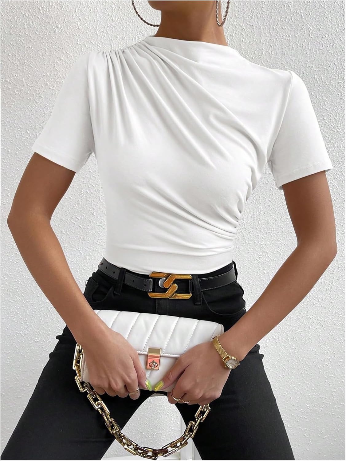 SweatyRocks Women's Ruched Mock Neck T Shirt Short Sleeve Fitted Summer Basic Tops - Image 4