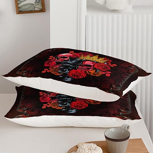 Miniatura 3 de AILONEN Juego de funda de edredón de calavera de azúcar, tamaño Queen, juego de funda de edredón de calavera dulce y rosa roja, juego de ropa de