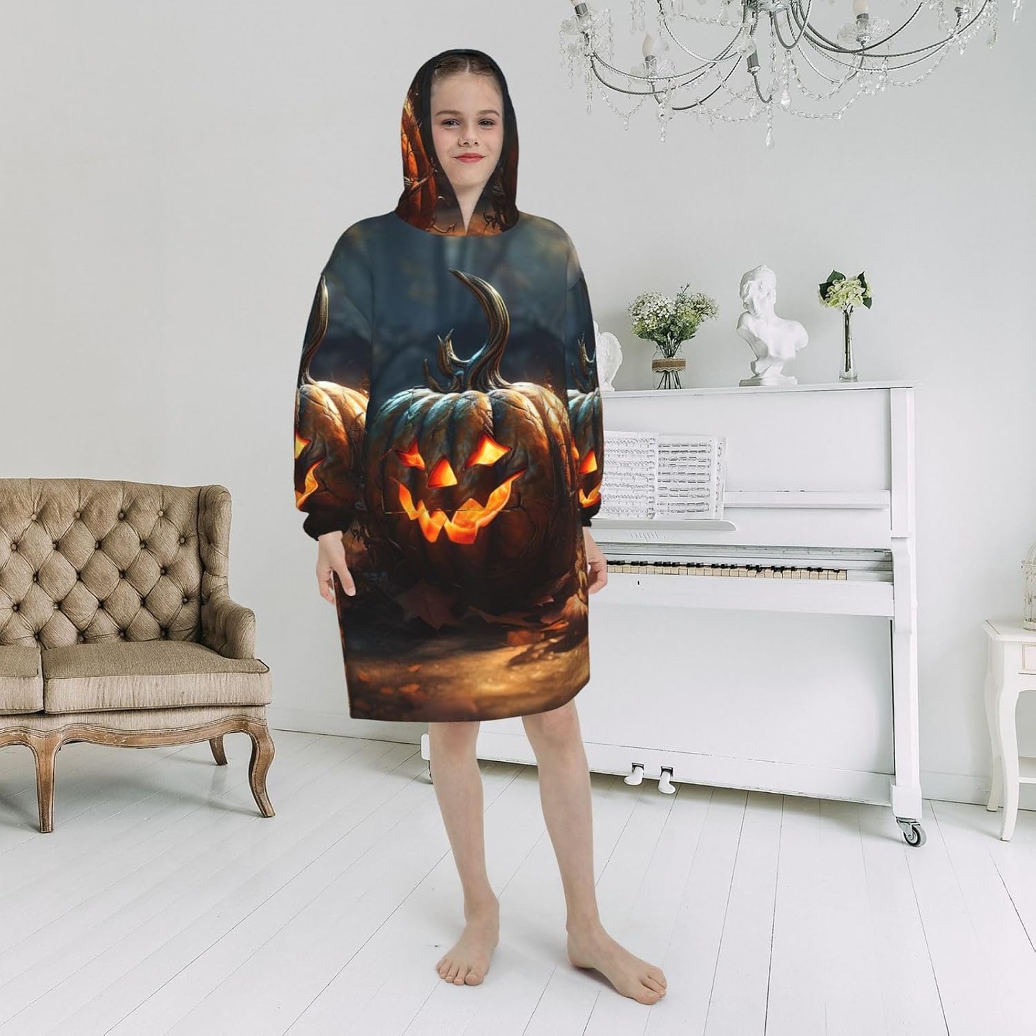 Fall Pumpkin Print Oversized Blanket Hoodie, Wearable Blanket Hooded,Hooded Pullover With Pocket