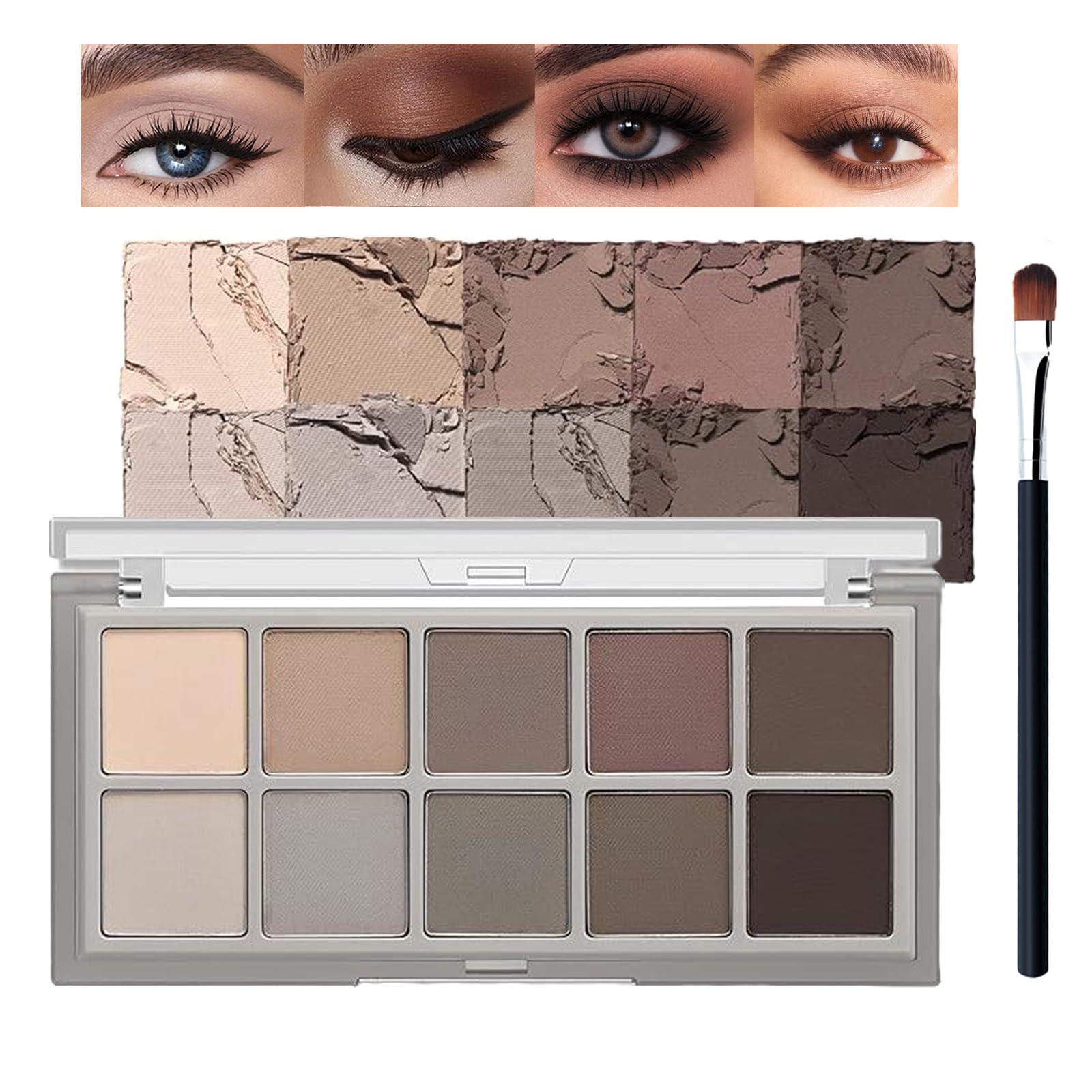 Smoky Eyeshadow Palette 10 Colors, Matte Grey Black Cream Eye Shadow Includes Brushes, Highly Pigmented