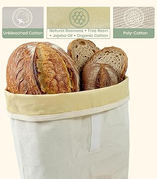 2 Pack Plain Cloth Bees Wax Lined Bread Bags 16.5x12.5 & Cotton Bowl Cover