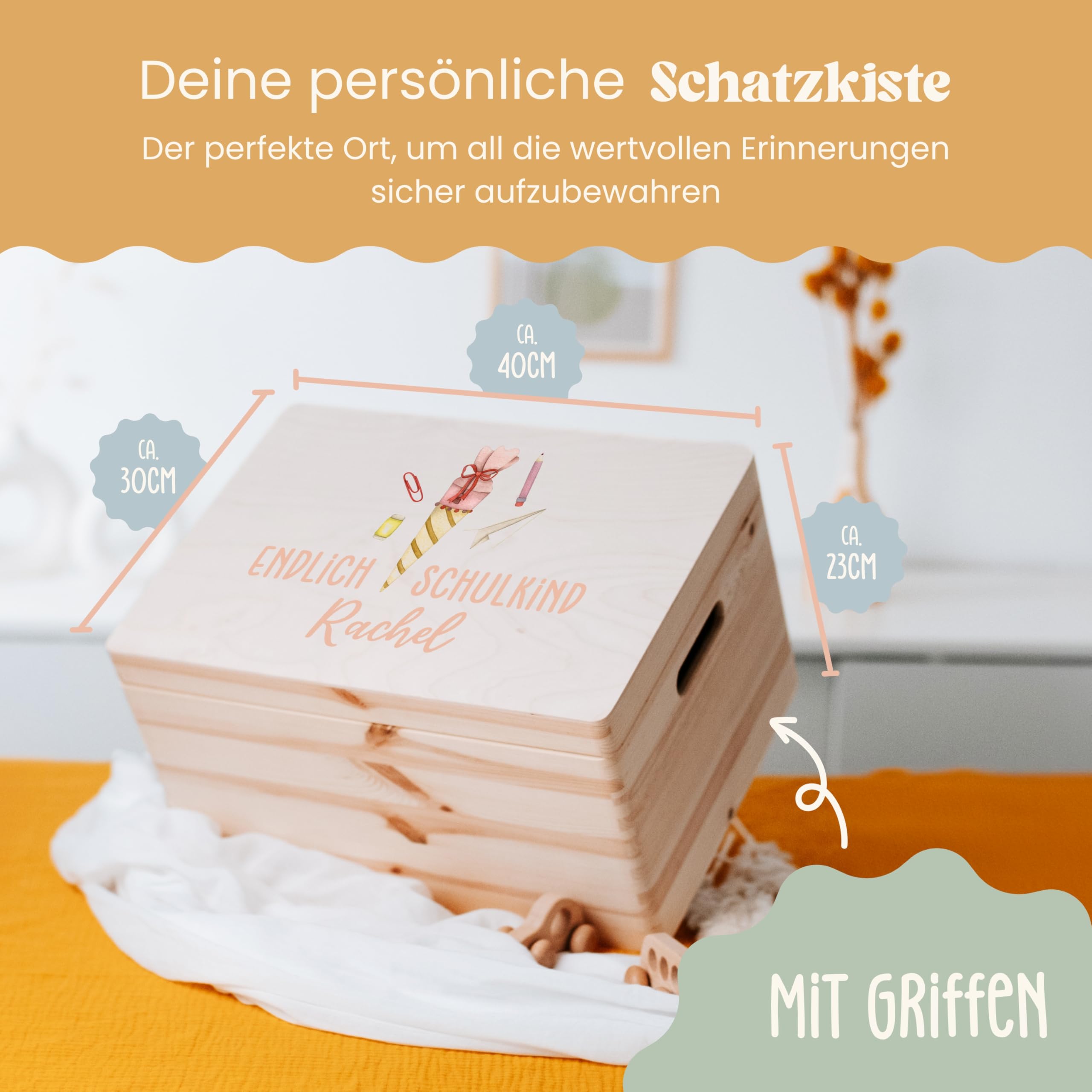 Lilletå ® Erinnerungsbox Schulanfang (001.08) - XL mit Griff - 40 x 30 x 23 cm - Erinnerungskiste Baby mit Hochwertigem Farbdruck - Baby Kind Erinnerungsbox Holz - Geschenk Geburt Mädchen Junge