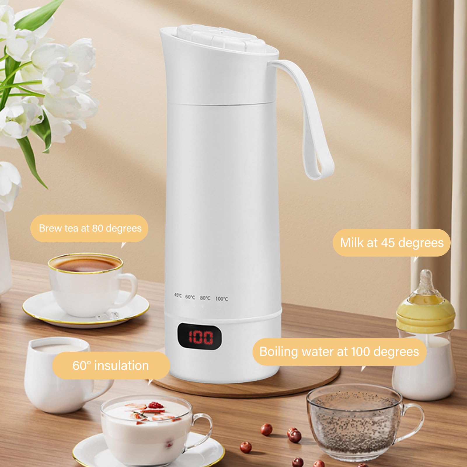 KANBUN Bollitore Elettrico da Viaggio Teiera Portatile Mini Piccolo bollitore da Viaggio per la casa 1200 W 0,6 L, Bianco, Un Regalo