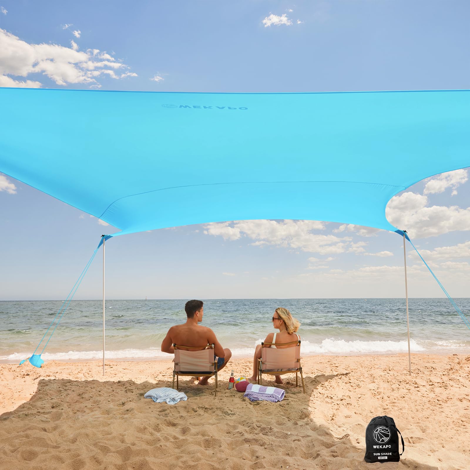 WEKAPO Beach Tent Sun Shelter - Easy Setup Beach Canopy with 4 Sturdy Poles, Large Sandbags and Shovel, 7'1'' Tall, Windproof Sun Shade for Backyard