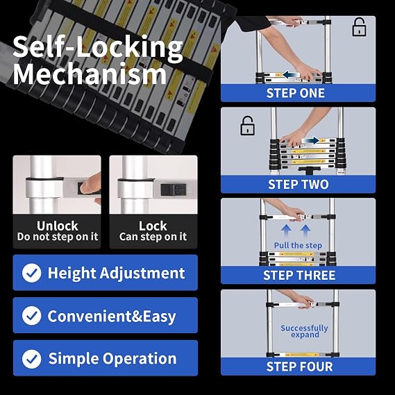 JADDUO 3.8 m Aluminium Telescopic Ladder with Hooks 150 kg Load Capacity Step ladder with 30 cm step spacing and hooks non-slip feet lightweight & compact for home ceiling and attic work