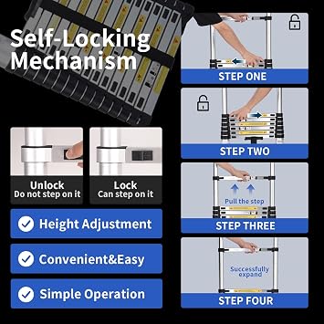 JADDUO 3.8 m Aluminium Telescopic Ladder with Hooks 150 kg Load Capacity Step ladder with 30 cm step spacing and hooks non-slip feet lightweight & compact for home ceiling and attic work