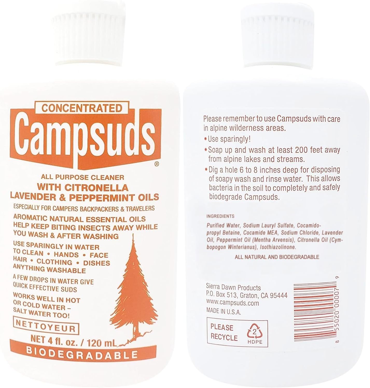 CONCENTRATED CAMPSUDS Sierra Dawn Biodegradable Soap with Insect Deterrent Citronella, Lavender, Peppermint Oils (4 Ounce, 3 Bottles)