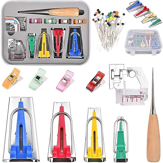 SYGA Bias Tape Maker Set of 4 Sewing DIY Quilting Fabric Bias Binding Needle Tool Kit Tape Makers and Accessories 4 Sizes (6mm 12mm 18mm 25mm) Adjustable Binder Foot Awl Ball Pins Tape Makers- 11pcs
