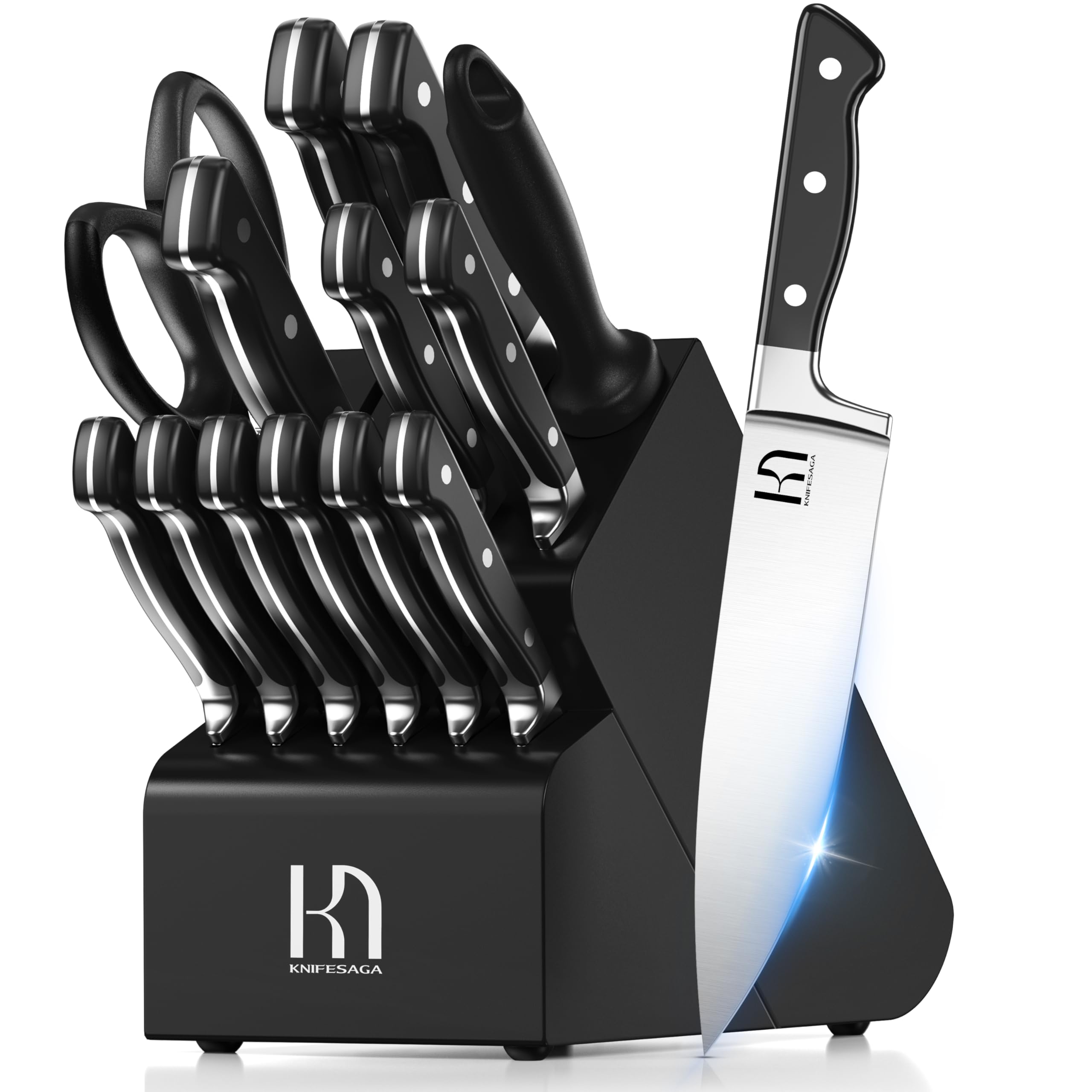 KnifeSaga Knife Set, 15 Pcs Kitchen Knife Block Set, Enduring Razor-Sharp Japanese High Carbon Stainless Steel Chef Knife Set with Block and Sharpener, Premium Black Knives Set for Kitchen