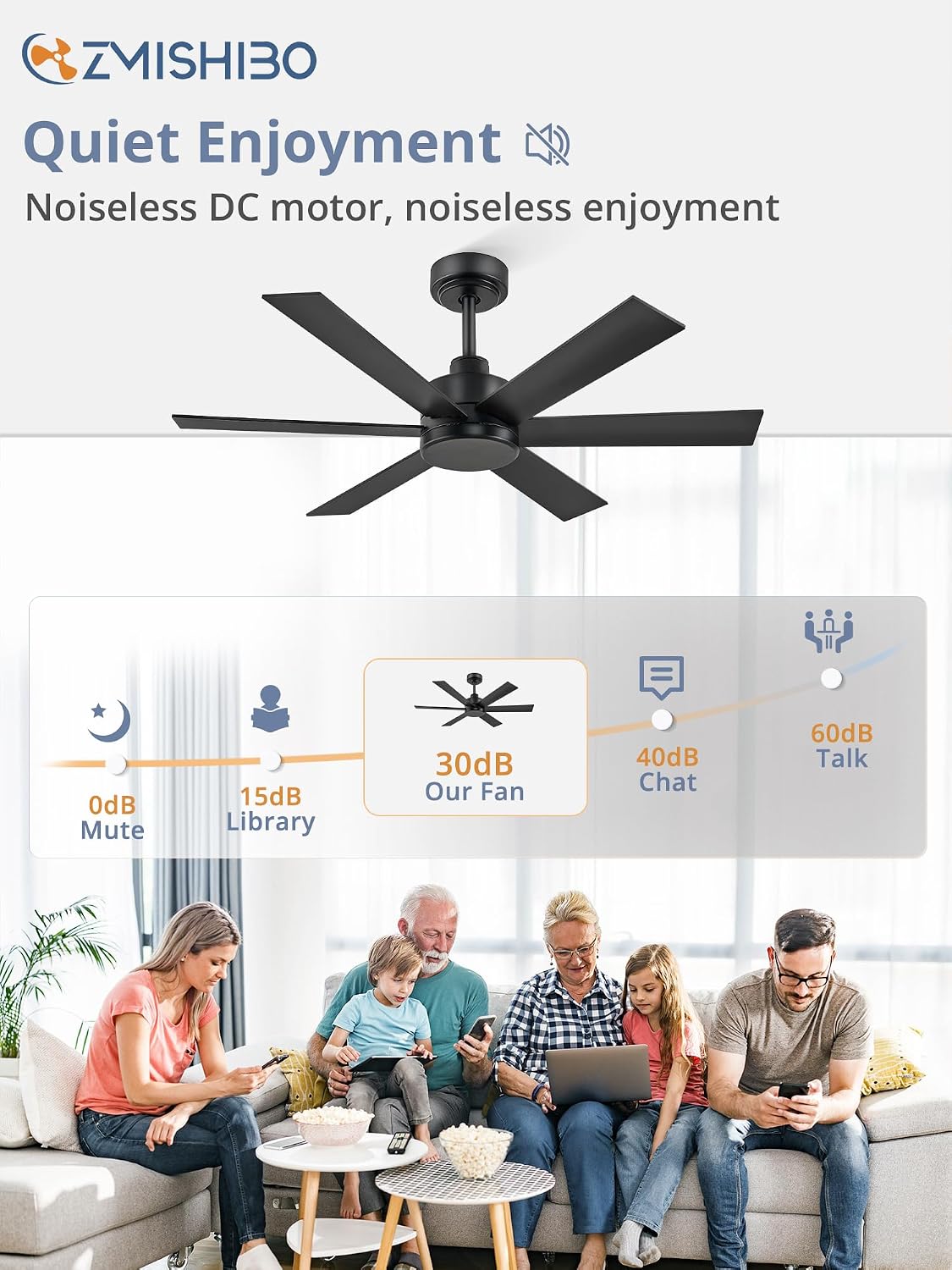 ZMISHIBO 42 Inch Black Ceiling Fan Without Light, Bedroom Ceiling Fan No Light, 6 Blades, Quiet Reversible DC Motor, 6-Speeds, Small Ceiling Fan for Bedroom, Living Room, Patio, Indoor/Outdoor Use
