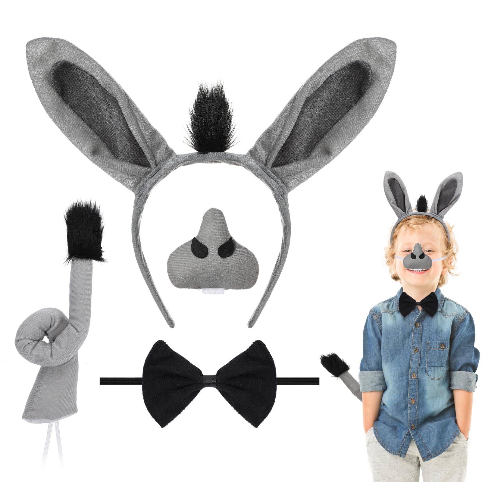 4 PCS Donkey Costume Kids Adults Set, Donkey Ears and Tail Headband Nose Bow Tie Set