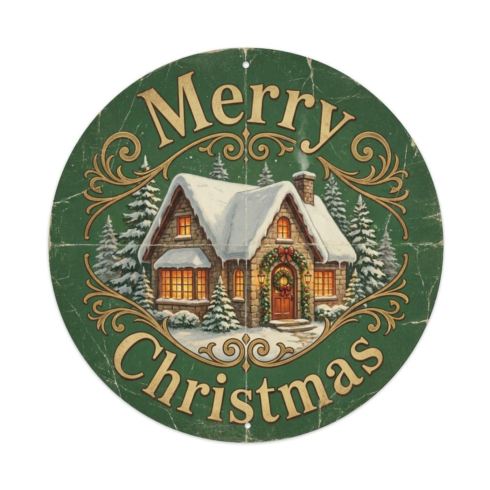 Merry Christmas Cottage Snow Roof Metal Tin Sign