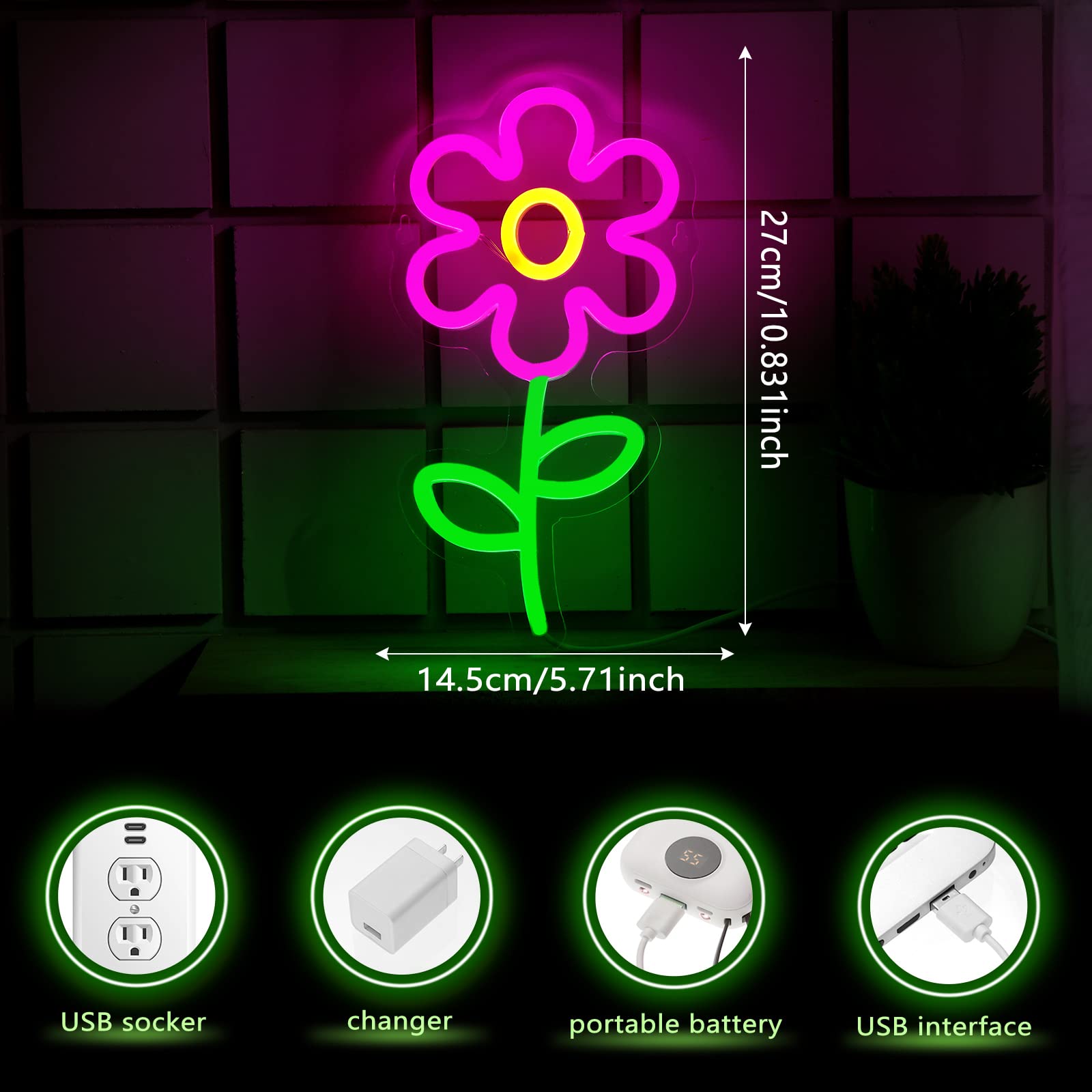 Xuhal 2 Pieces Daisy Flower Neon Sign Daisy Shaped Neon Light Aesthetic LED Sign Daisy Decor Wall Hanging Decoration for Bedroom Living Room Dining Room Bar Club Party, USB Powered