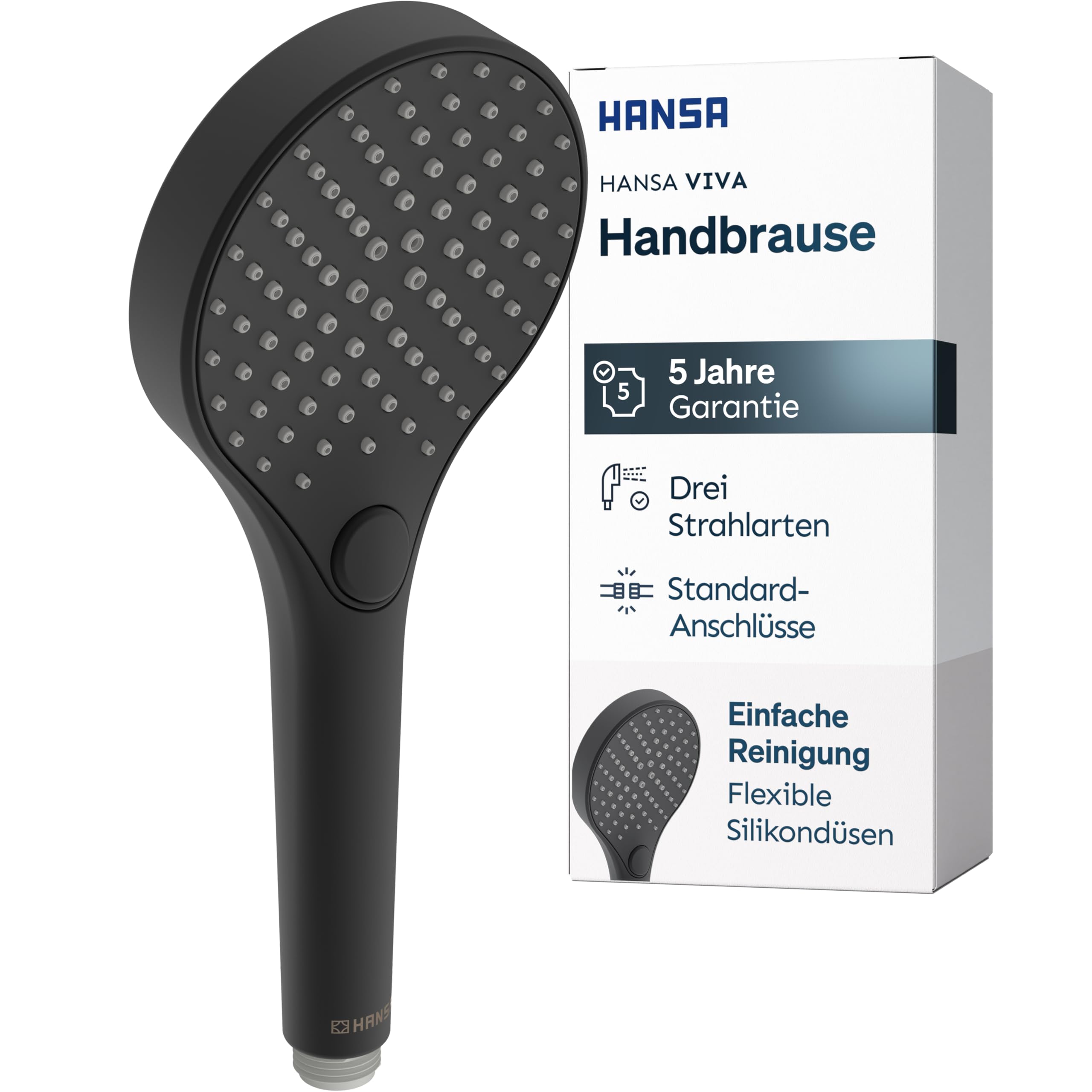 HANSA VIVA Breiter Duschkopf mit 3 Strahlarten I Handbrause Dusche | Dreistrahlig mit Druckknopf Umsteller I Anti-Kalk Funktion I Brausekopf 110 mm Durchmesser | Standard G 1/2 Anschluss | Schwarz