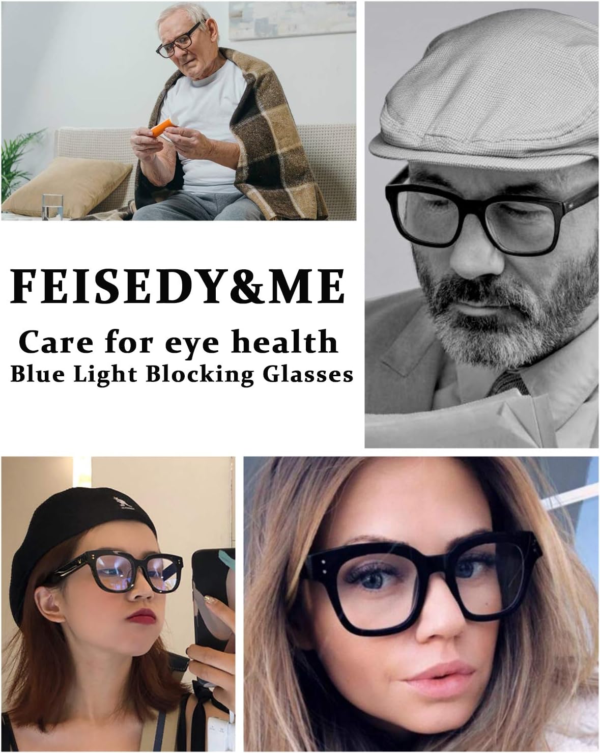 FEISEDY Retro Reading Glasses Thick Square Big Frame Blue Light Blocking Lens Anti Glare Digital Eyestrain B2534