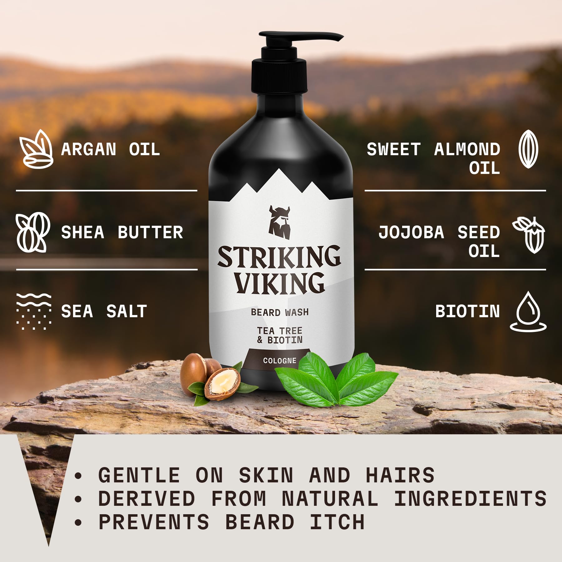 Striking Viking - Sapone da barba - 17 once, olio di tea tree naturale e biotina - Shampoo da barba al profumo di colonia senza parabeni e solfati per gli uomini - Pulizia e cura profondi