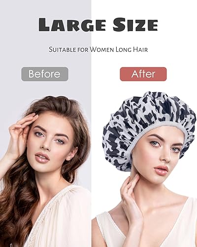 Miniatura 3 de Auban Gorro de ducha, gorro de ducha para mujer, forro de tela de rizo, EVA, exterior, reutilizable, doble capa, impermeable, gorra de baño grande