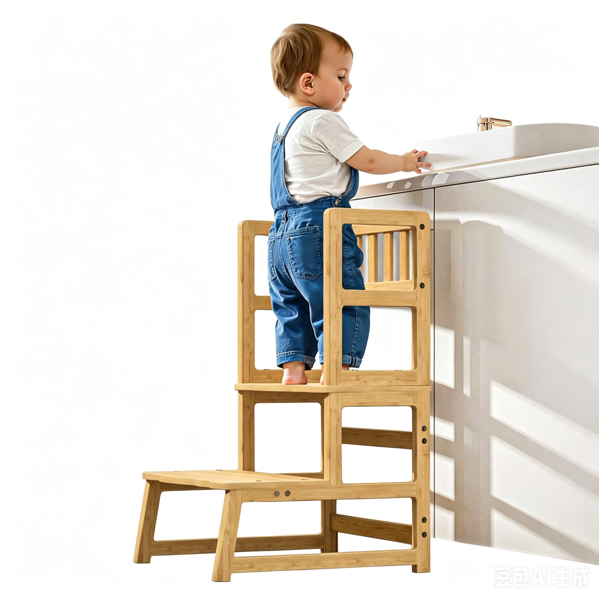 COSYLAND Taburete de Niños con 2 Peldaños y Asas – Escalón Infantil para 18 Meses en Adelante – Ideal para Cocina, Baño y Dormitorio – Natural Oscuro