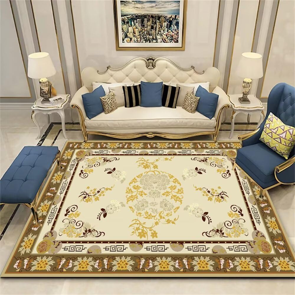 Tapis design salon 90x180cm jaune et vert floral rétro