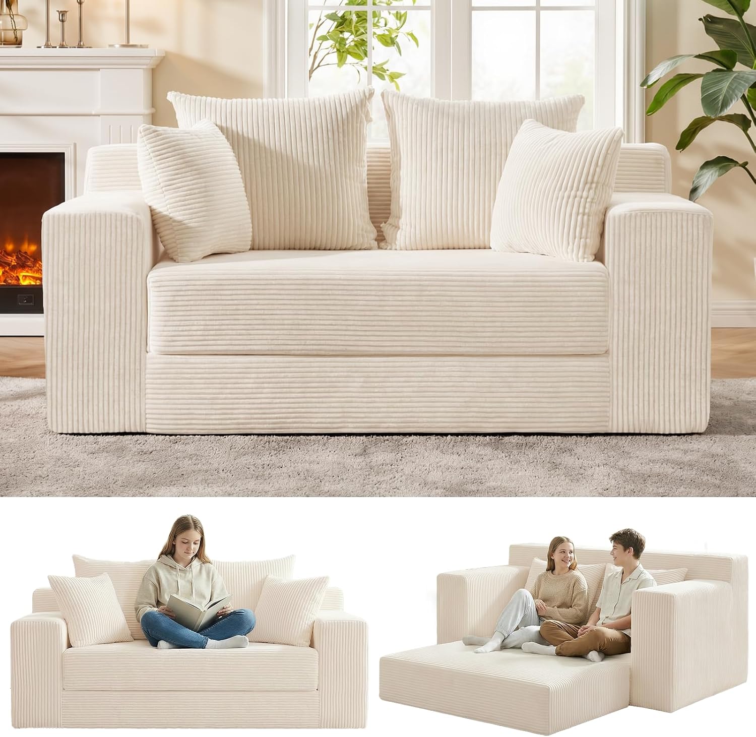 Convertible Sofa Bed Loveseat Sleeper Folding Couch 4 Pillows Detachable Cushion Corduroy Futon Beige