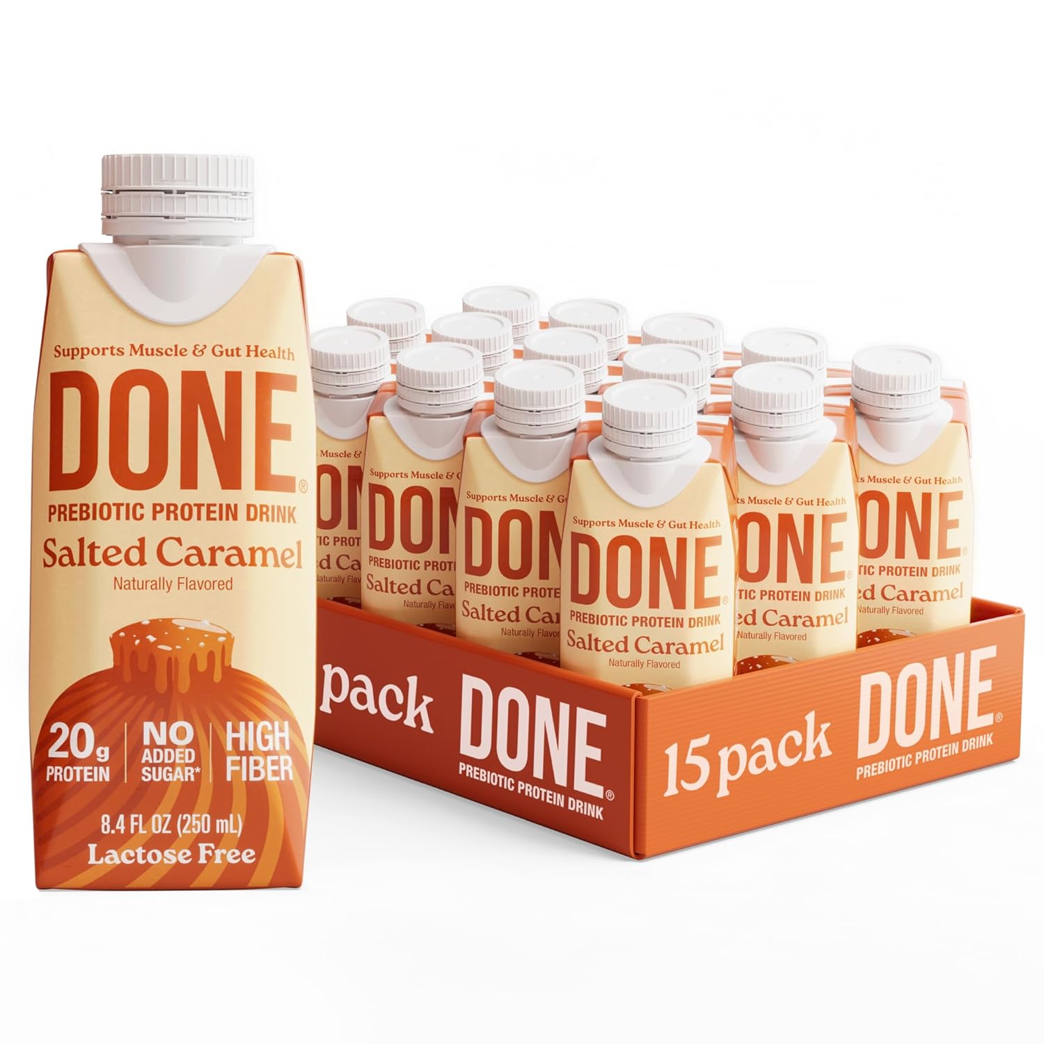 Done Prebiotic Protein Drink, Salted Caramel, 20G Whey Protein, High Fiber Protein Shake With Prebiotics, Gluten Free, Lactose Free, No Added Sugar, Natural Flavor, Non GMO, 8.4 FL Oz Each, 15 Pack