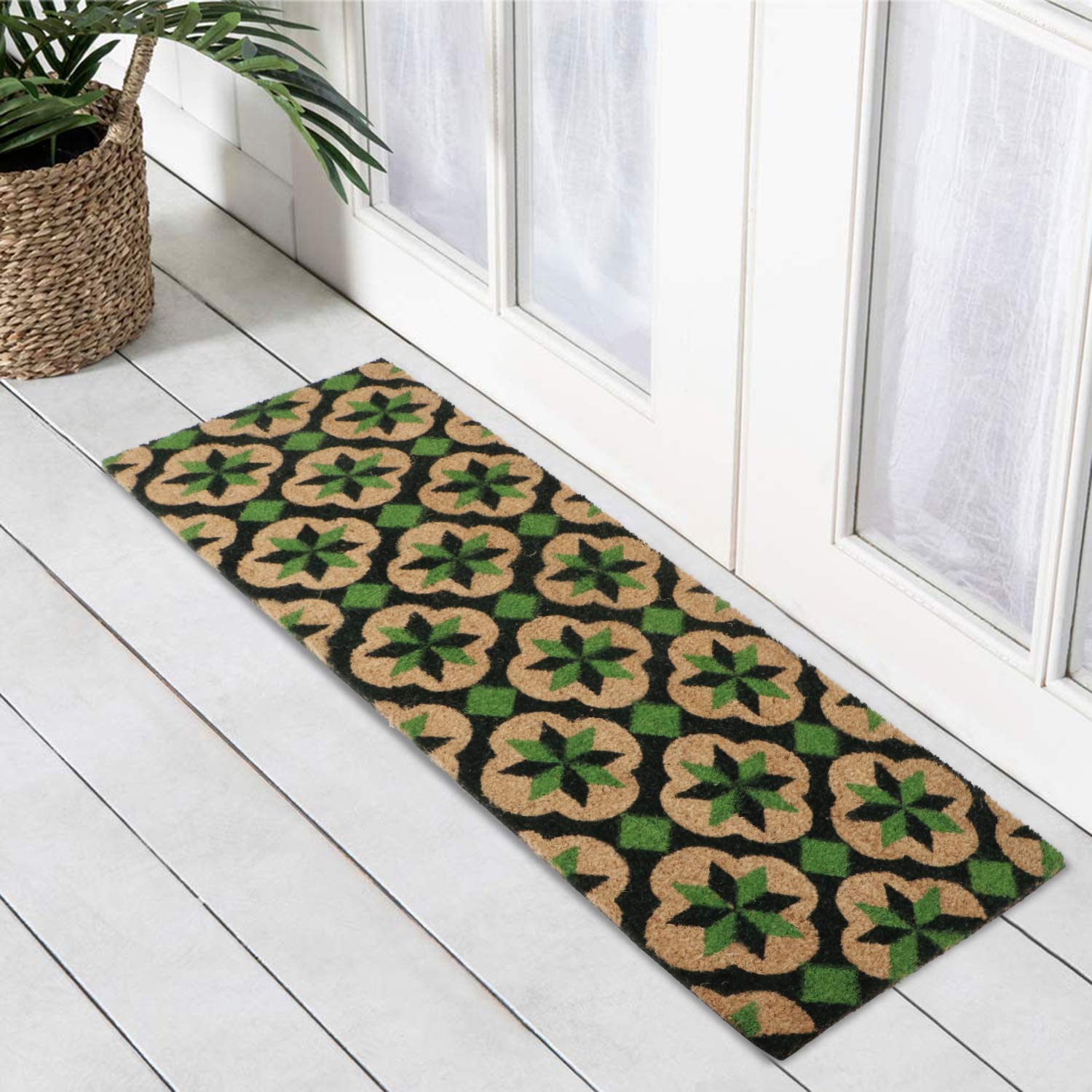 HOKIPO Large 40X120Cm Natural Coconut Coir Rectangular Mat For Entrance Big With Pvc Backing, Green (Gmt-Gr-In305)
