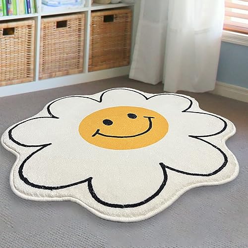 Cute Smiley face Rug Sunflower Rug for Bedroom Water Absorption Non Slip Carpet Super Soft Stairs Playroom Entryway Doormat Shower Room Bathtub Side, Home Indoor Entry Mat, Diameter 23.6in, White