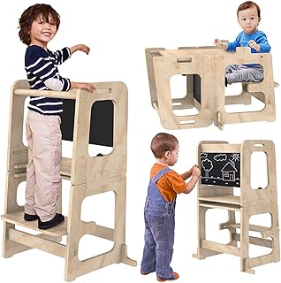 Kids Step Stool, Learning Tower, Transformable Toddler Tower with Chalkboard, Kitchen Helper Stool for Toddlers, Foldable Toddler Table and Chair Set, Montessori Toddler Kitchen Stool Standing Tower