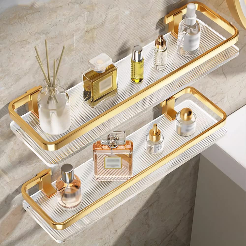 SaryEdge No Drilling Bathroom Shelf - 40Cm Gold Floating Shower Caddy, Transparent Acrylic Wall-Mounted Storage Rack with Towel Shelf, Multifunctional Kitchen,Gold 50Cm 2 Layer