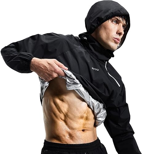 Vista 23 de BVVU Traje de sauna para hombre, con cremallera, chaqueta de sauna, pantalón, gimnasio, entrenamiento, sudadera con capucha, moldeador de cuerpo