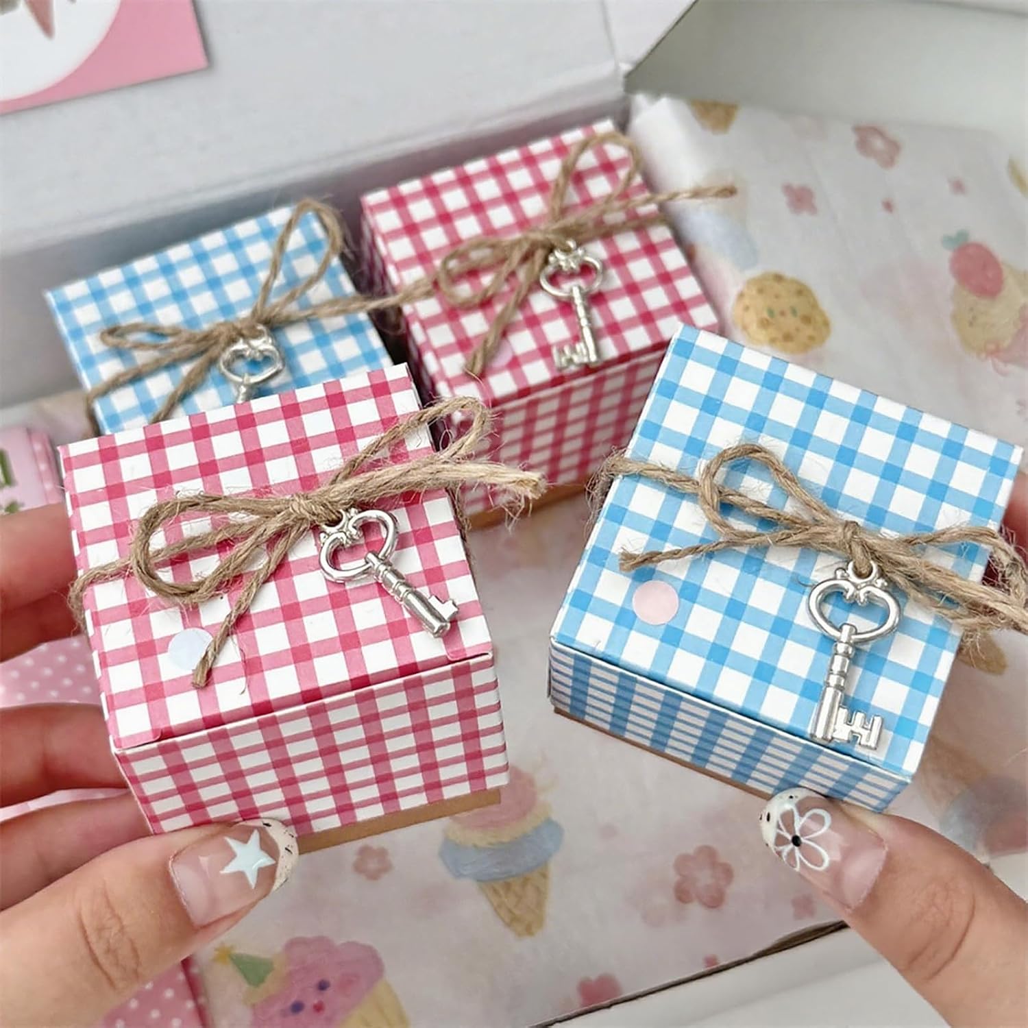 30 Pieces Blue Plaid Treat Boxes Checkered Cardboard Party Favor Gift Box with Hemp Rope Pendant Candy Treat Dessert Cookies Bakery Container for Wedding Birthday Baby Shower Party Decorations (Blue) image 4