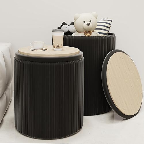 Twira Juego de 2 Otomanas Redondas con Almacenamiento, Otomana Anidable de Terciopelo para Sala de Estar, Dormitorio, Dormitorio Estudiantil, Casa