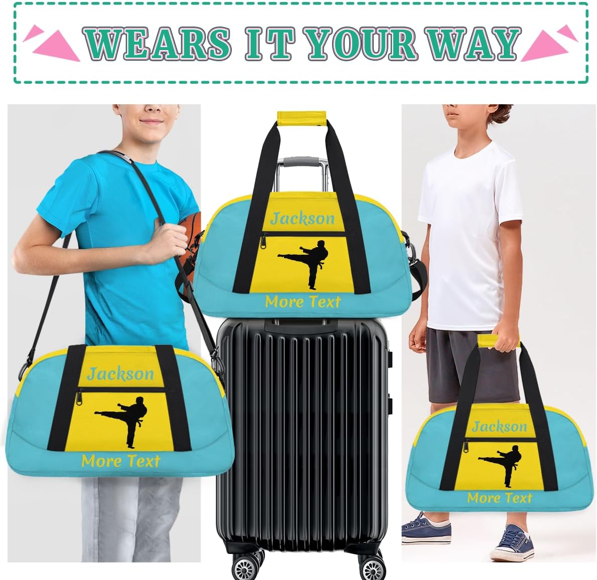 Personalized Kids Gym Bag for Boys Custom Name Sports Duffel Bag Weekender Overnight Travel Bags Blue Martial Arts Male Gifts
