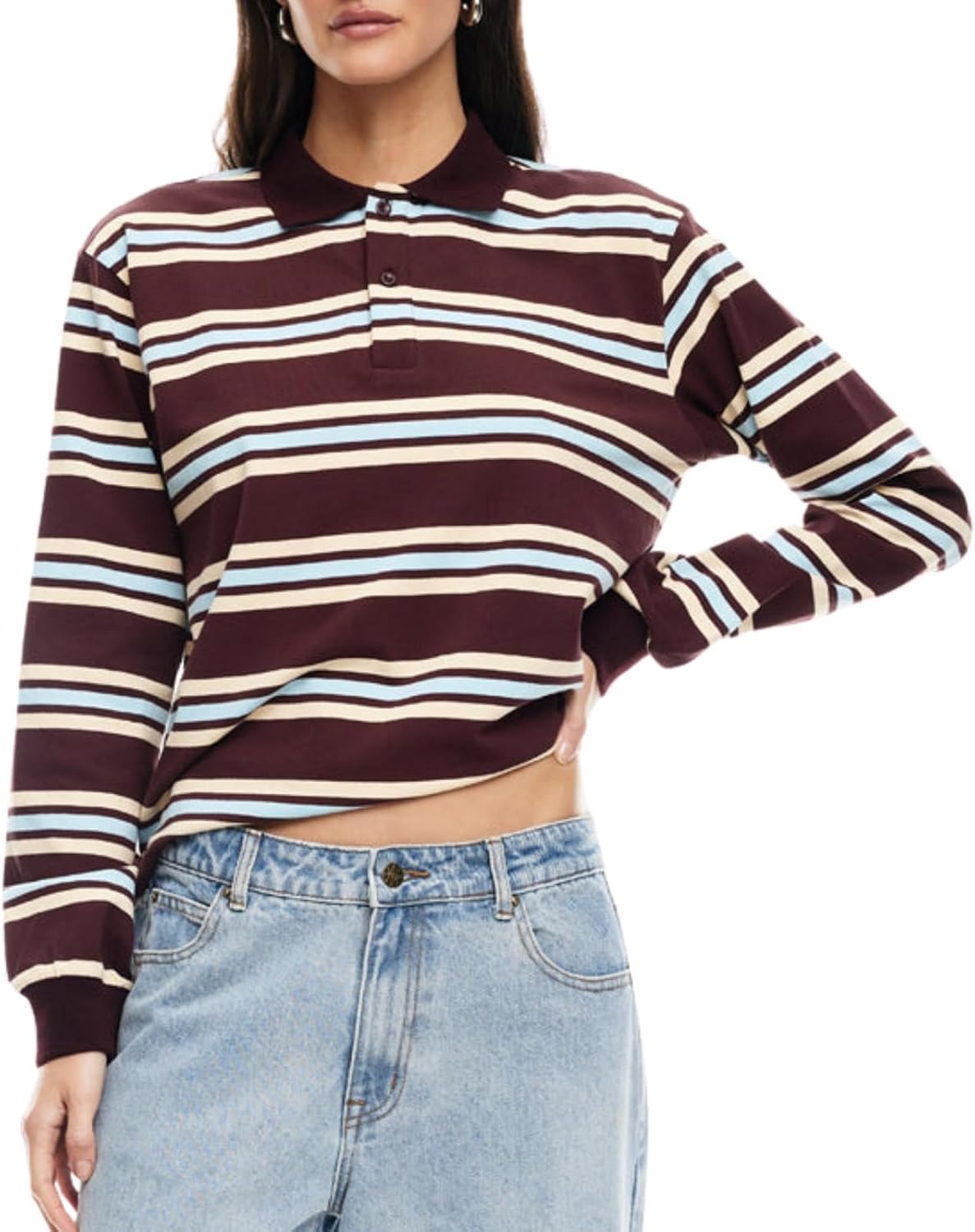 Argeousgor Women Y2k Striped Rugby Shirt Vintage Long Sleeve Collared Shirt Preppy Polo Sweatshirt Jersey Girls Streetwear - Image 5