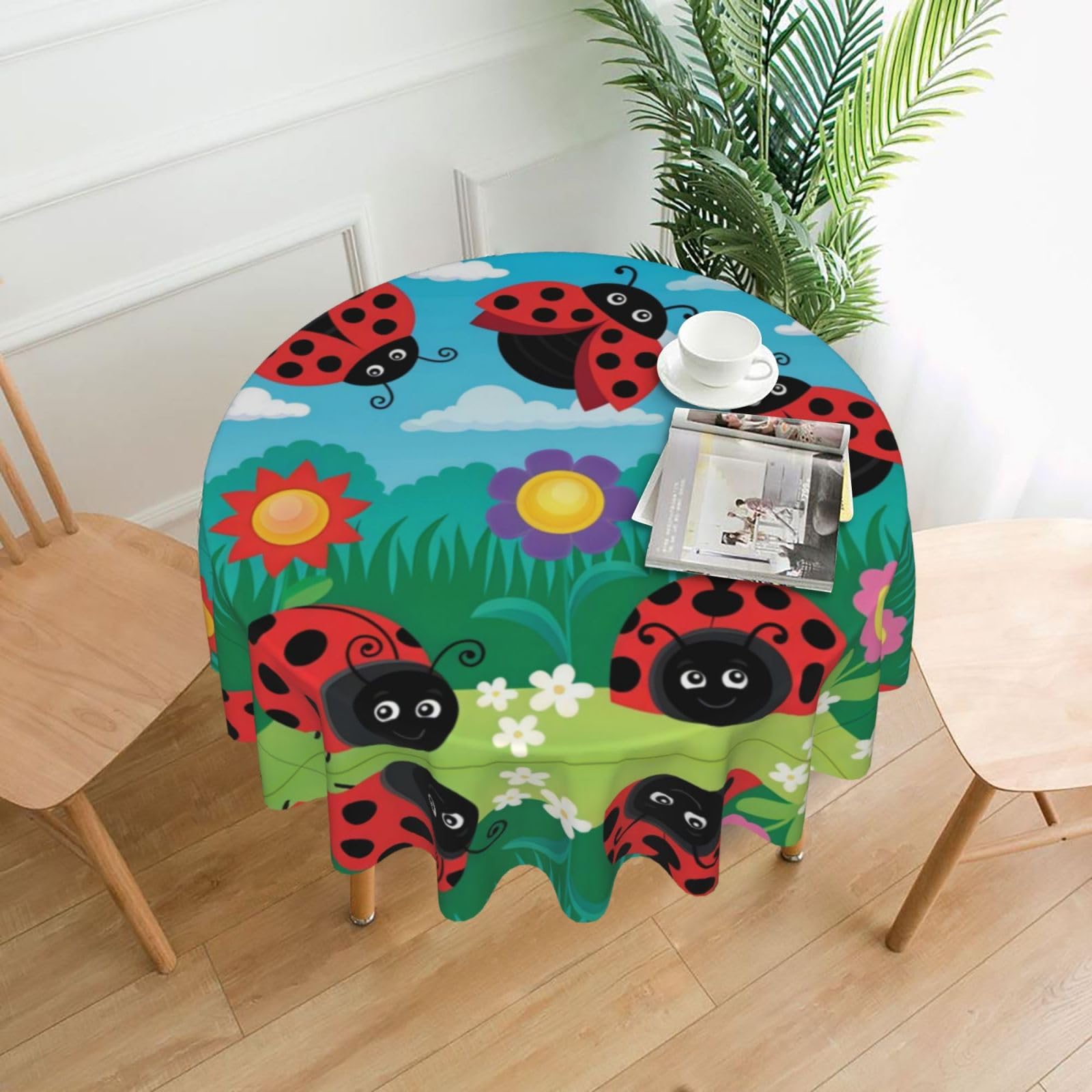 YYHHAOFA Ladybug landscape Prints 60in Round Decorative Tablecloth – High-Grade Polyester Throw Cover for Dining, Parties, and Outdoor Events