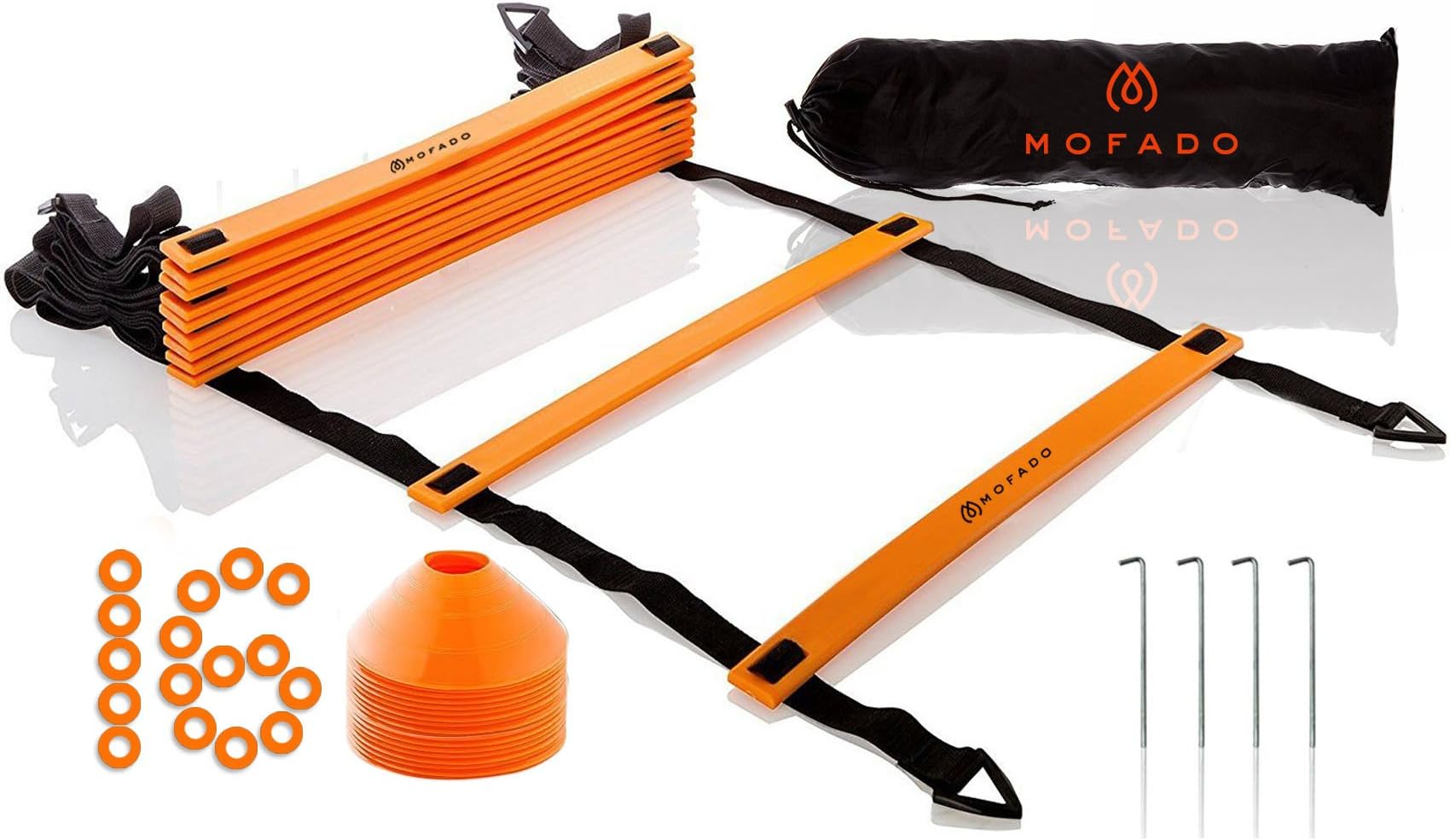Premium Agility Ladder (20ft) and Field Cones (16) - Speed Training Equipment for Football, Soccer & Other Sports - Set of 4 Metal Pegs & Carrying Bag
