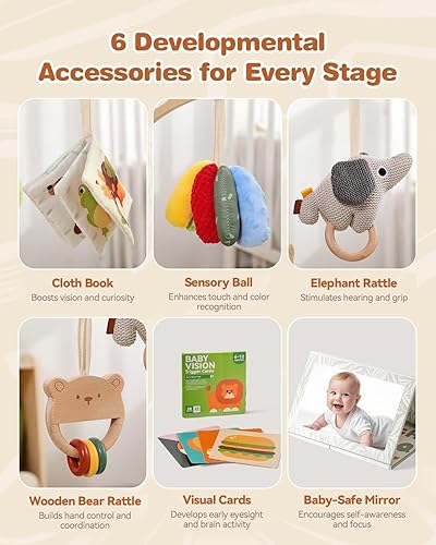 Miniatura 4 de Alfombra de juego de madera para el gimnasio y el tiempo boca abajo, tapete de actividad sensorial Montessori con 6 juguetes de desarrollo para