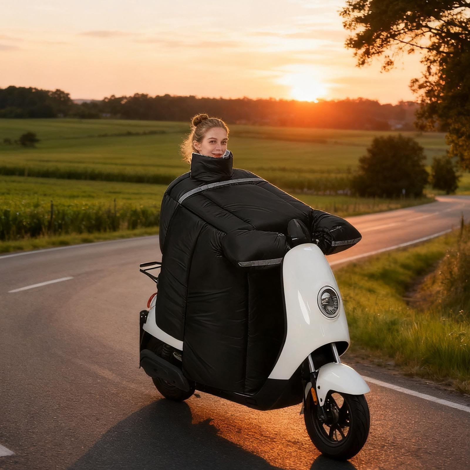 Couverture de jambe pour scooter - Couverture imperméable - Couverture coupe-vent doublée en peluche pour moto en hiver avec gants - Pour femme - Protection du genou de la poitrine et du cou lors des