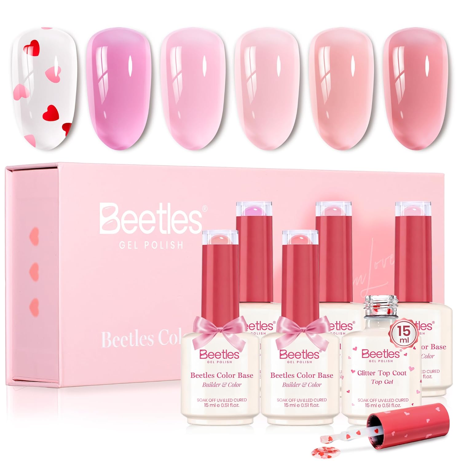 Beetles Rubber Base Gel Nail Polish with Gel Top Coat Pink & Red Heart Shape, 5 Colors Nude Gel Polish Pink Peach Neutral Sheer Nails Base Flexible U V LED Soak Off Gifts for Women